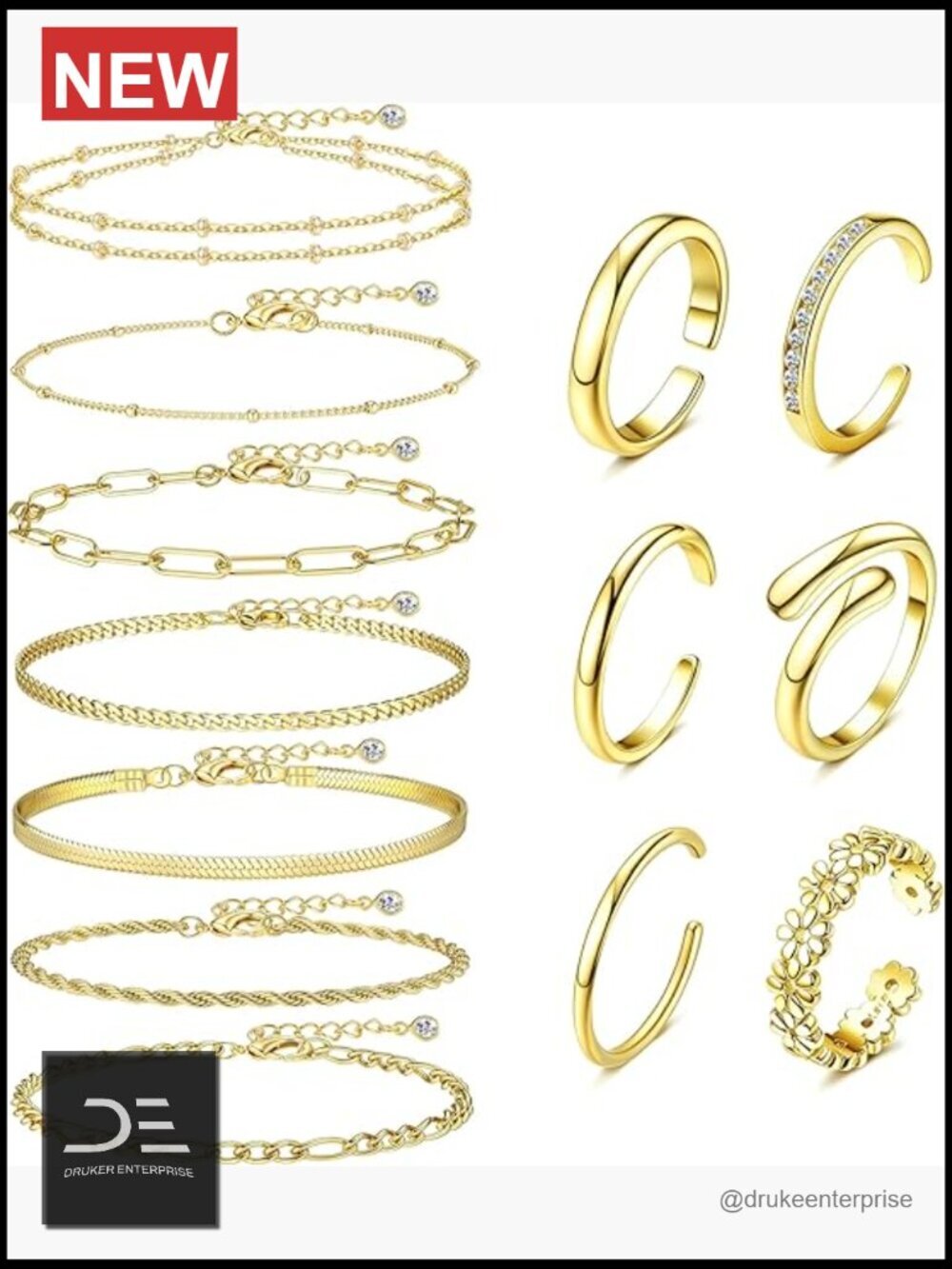 13 Pcs Anklet and Toe Ring Set Adjustable Gold Foot Jewelry